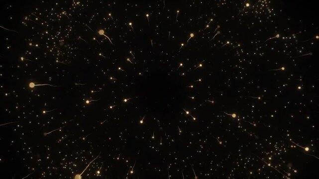 Golden particle burst animation exploding outwards on black background