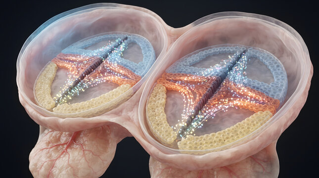Detailed 3D medical illustration showing the microscopic cross-section of a biological organ with glowing cellular pathways and fluid flow channels