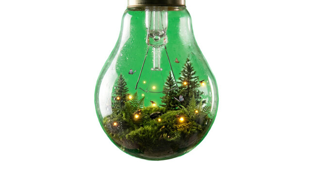 Transparent light bulb with miniature forest ecosystem and glowing fireflies. Eco asset isolated on a clean transparent background	
