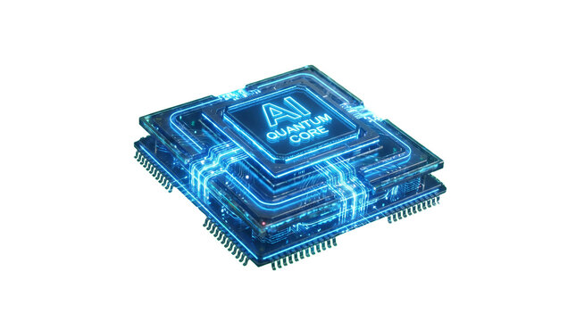 Advanced quantum computer chip with glowing blue circuits and AI particles. Tech asset isolated  on a clean transparent background