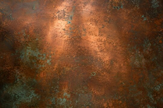 Rustic oxidized copper texture background with green verdigris patina and brushed bronze metallic surface