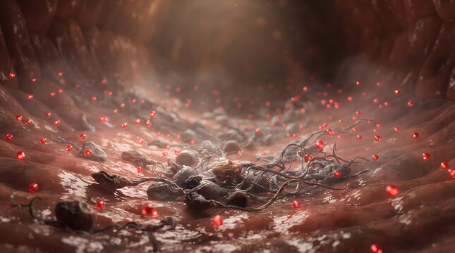 Microscopic 3D illustration of gut microbiota with bacteria, pathogens, and red blood cells flowing through the human intestinal tract.