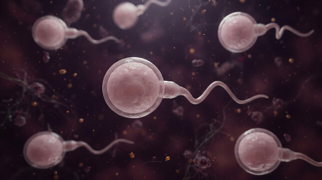 Microscopic 3D illustration of pink sperm cells swimming through a dark fluid environment representing fertility, conception, and reproduction processes