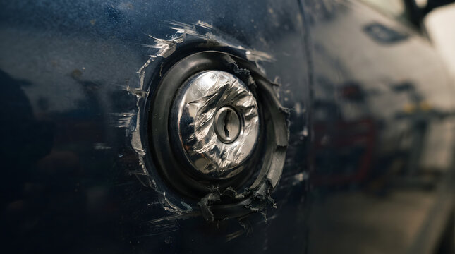 Close-up of damaged car door lock with scratches and torn rubber gasket on blue vehicle body showing signs of break-in attempt