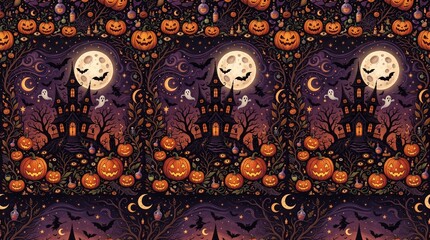 Halloween background pattern with spooky pumpkins haunted house full moon and bats © aiin en