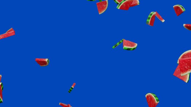 Fresh watermelon slices fruit falling down 3d animation isolated on blue background. 3d render. Vibrant red flesh contrasts with green rind. 4k motion graphics. Blue screen