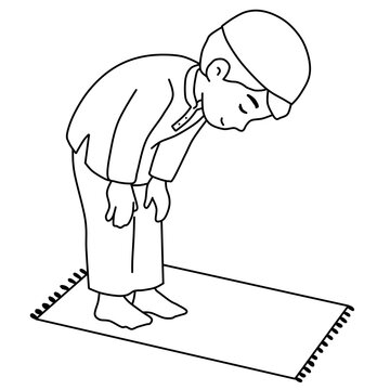 Muslim boy bowing in ruku prayer line art coloring page vector