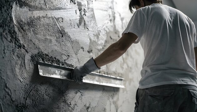 A construction worker uses a metal trowel to apply wet cement plaster to a concrete wall indoors.