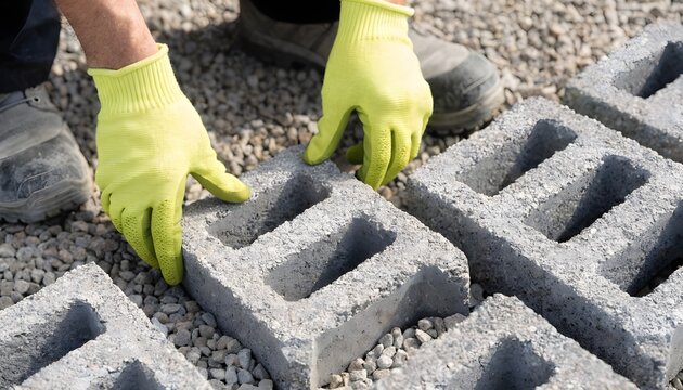 Construction Worker Cleaning Concrete Stone Garden Path with Sponge on Brick Street and Stairs During Road Work