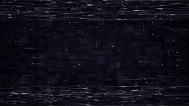 Dark digital glitch texture flickers across a distorted scan line motion background