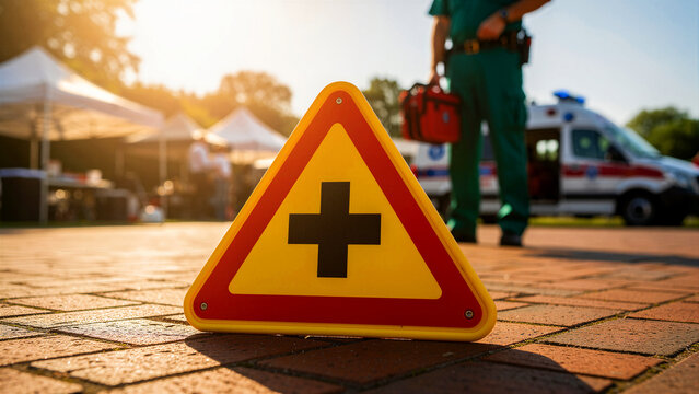 Medical sign on ground with blurred paramedic. Emergency responder near ambulance and event tents. First aid and rescue concept for healthcare and public safety marketing.
