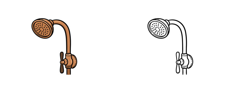 Vintage copper shower head with valve handle in cartoon flat color and line art style in bronze tones for bathroom plumbing on white background