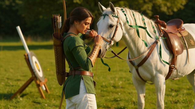 Female archer in green tunic stands with a white horse in a sunny field. Woman handles horse bridle near archery target during golden hour. Fantasy adventure and historical roleplay concept.