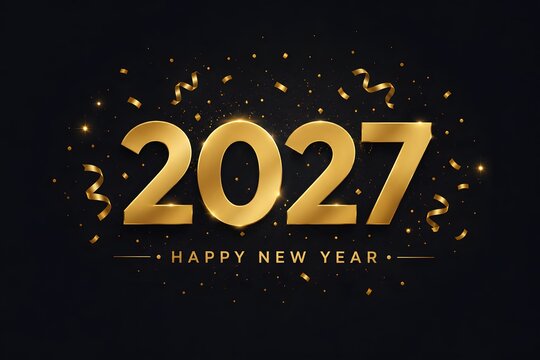 Shiny gold 2027 numbers with happy new year text and falling festive confetti ribbons on a dark black background for a celebration greeting card design
