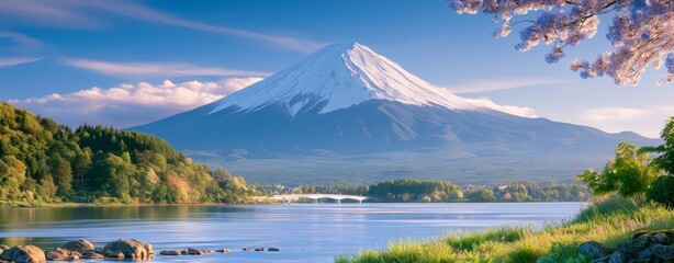 Fototapeta premium Majestic Mount Fuji reflected in a crystal-clear lake under a bright blue sky, showcasing Japan's iconic natural landmark, peaceful landscapes, scenic beauty, and unforgettable travel destination.
