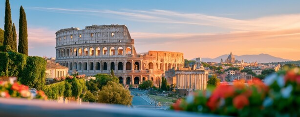 Naklejka premium Iconic Colosseum in Rome at golden sunset, overlooking ancient ruins and lush gardens, showcasing Roman history, Italian architecture, cultural heritage, world-famous landmarks, and unforgettable Euro