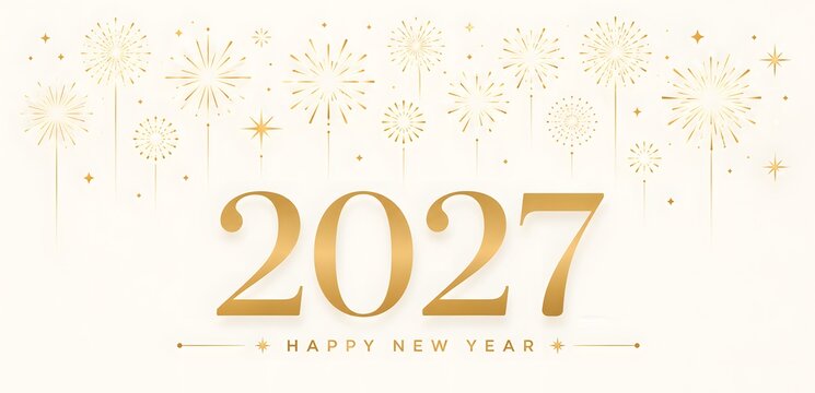 Happy new year 2027 greeting card design with golden numbers and festive firework sparkles in a luxury elegant style for celebration party background banner and social media post