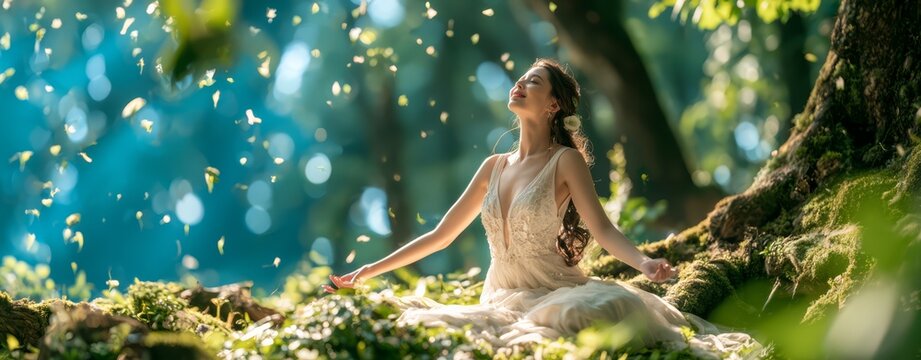 Peaceful young woman embracing nature in a sunlit enchanted forest, surrounded by glowing light and lush greenery, expressing mindfulness, wellness, freedom, serenity, and spiritual connection with th