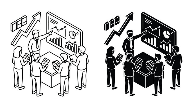 Team collaboration presenting business growth charts in isometric style
