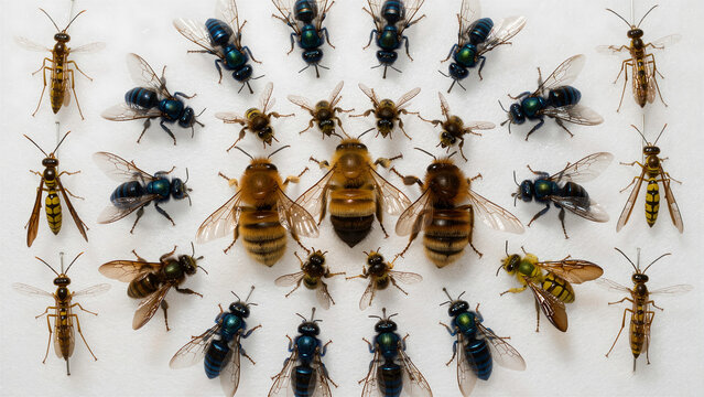 Symmetrical arrangement of pinned bee and wasp specimens. Various insect species displayed on a clean white background. Entomology study concept for biodiversity and nature education materials.