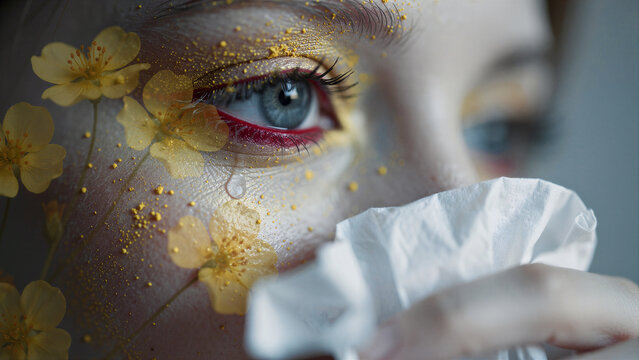 Woman's blue eye with yellow flowers and a single tear. Artistic makeup look featuring floral accents and white tissue. Allergy and pollen sensitivity concept for health and skincare campaigns.