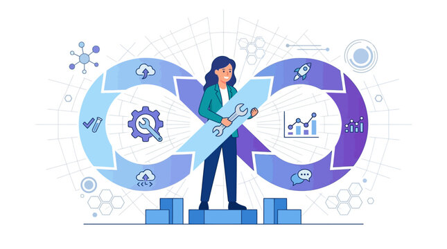 Professional female DevOps engineer holding wrench inside software development infinity loop flat vector illustration.