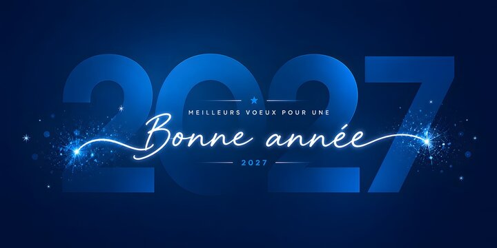 2027 happy new year greeting card design with glowing blue numbers and elegant calligraphy text wishing best wishes for the upcoming year in a dark starry night style background