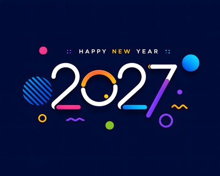 Happy new year 2027 greeting card design with colorful geometric shapes and modern typography on a dark blue background for festive celebration and holiday party social media graphics