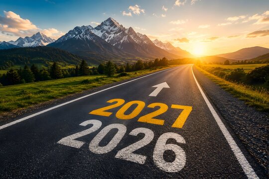Numbers 2026 and 2027 painted on an asphalt road leading towards a beautiful mountain landscape at sunset representing the transition into a new year and future goals and progress