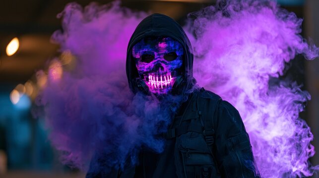 action-oriented shot of person in tech-inspired gear with glitchy neon mask. Vibrant purple smoke twilight enhances seasonal mood