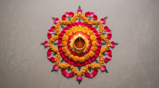 Diwali diya and flower rangoli decoration with marigold and rose petals