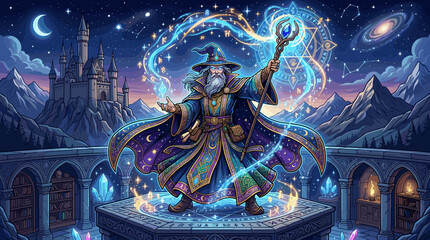 Fototapeta premium Magical Sorcerer Casting Spells at Night with Mystical Galaxy Background