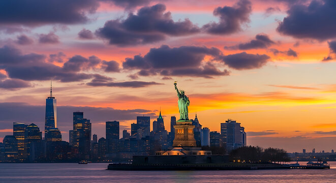 City skyline at sunset with colorful sky and tall buildings