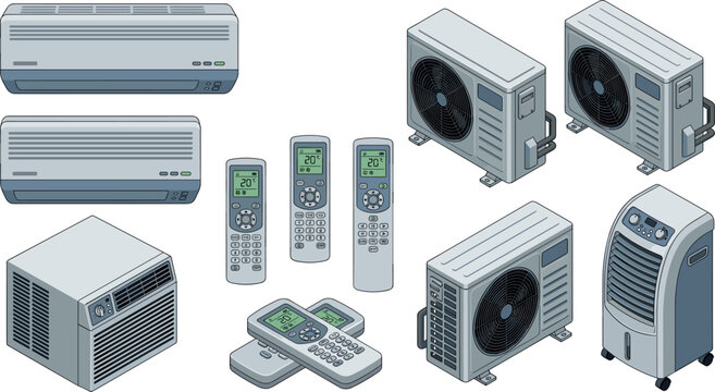 Isometric Air Conditioner System Set with Indoor Split Units Outdoor Compressors Portable Coolers and Remote Controllers Vector Illustration for HVAC Maintenance Designs