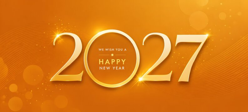 Shiny gold 2027 happy new year greeting card design with elegant typography and glowing light particles on an orange background for celebration and festive holiday party invitations
