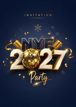 New year eve 2027 party invitation card design with golden disco ball and shiny numbers on a dark blue background with festive confetti and elegant typography for holiday celebration