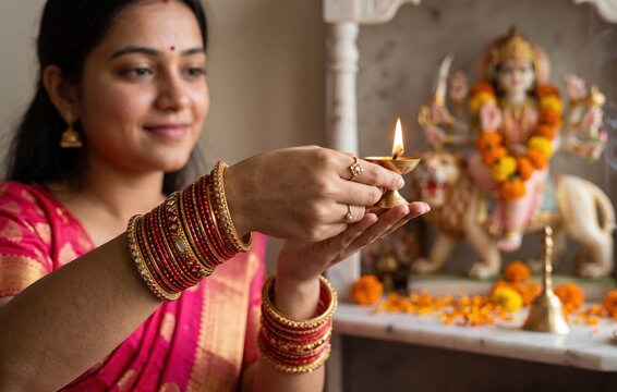 Home Mandir Aarti &ndash; Sacred Diya and Bangles Close-Up