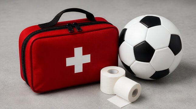 Red First Aid Kit Bag with Soccer Ball and Bandages for Sports Injury Prevention and Safety.