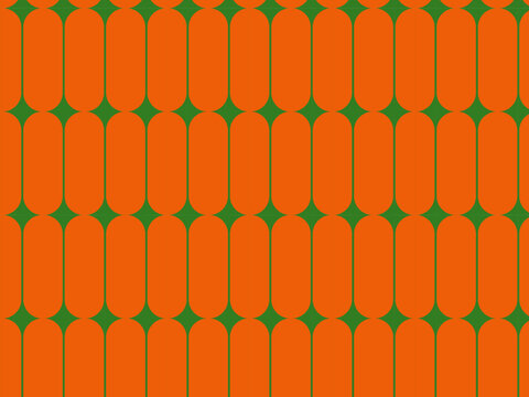 Vibrant orange geometric seamless pattern with green accents and oval shapes. Groovy mid-century modern texture for retro home decor, funky apparel, and creative packaging.