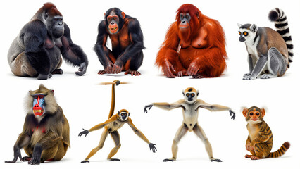 Fototapeta premium Collection of diverse primates and monkeys isolated on white. Featuring gorilla, chimpanzee, orangutan, lemur, and mandrill. Educational wildlife concept, ideal for zoo marketing and ecology media.