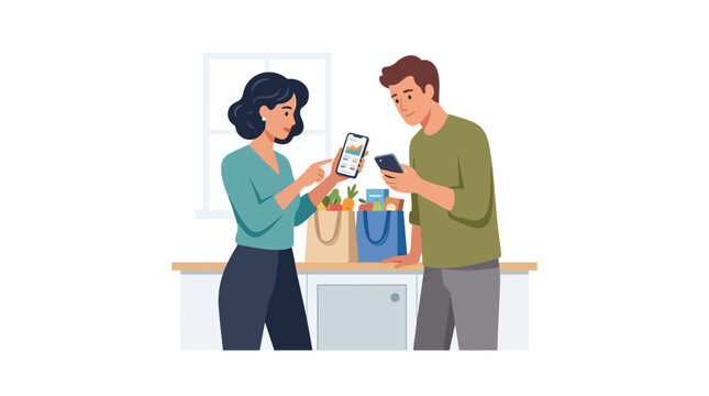 Young couple comparing grocery prices and tracking monthly budget on smartphones in the kitchen flat vector illustration.