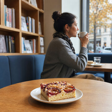 Mujer en una cafeter&iacute;a disfruta de un caf&eacute; mientras observa un pastel en un plato
