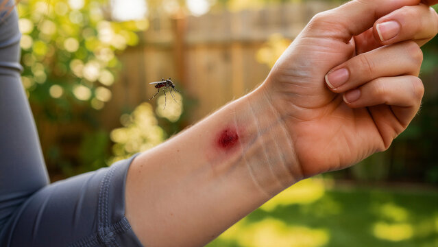 Mosquito flying near an inflamed bite on a human wrist. Irritated skin reaction from an insect sting in a sunny backyard. Disease prevention concept for healthcare and pest control marketing.