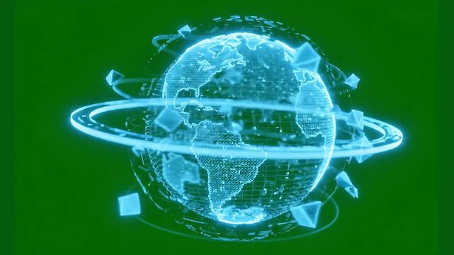 Global Technology and Data Network Concept with Blue Holographic Earth on Green Screen