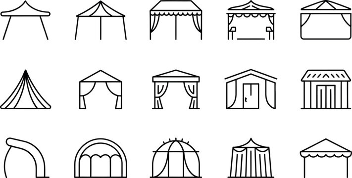Festival Tent Line Icons Set &ndash; Outdoor Canopy, Pavilion and Event Shelter Outline Vector Collection
