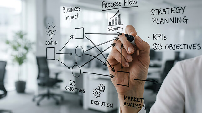 Business professional drawing a complex strategy planning process flow chart on a glass wall in modern office.