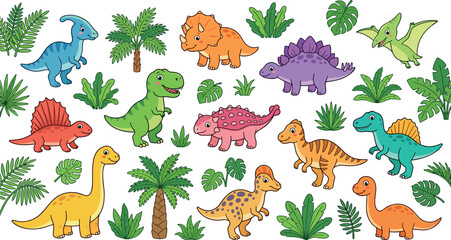 Cute Dinosaur Character Collection with Prehistoric Tropical Palm Trees and Jungle Leaves Vector Illustration for Kids Education and Birthday Party Designs © Md