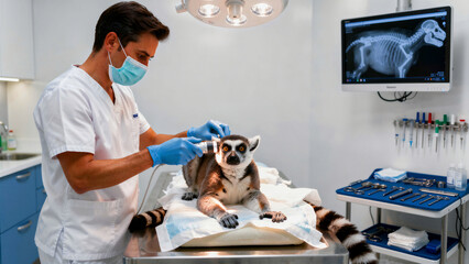 Fototapeta premium Veterinarian examining a ring-tailed lemur in a medical clinic. Male doctor using an otoscope on an exotic animal with an x-ray visible. Wildlife veterinary medicine and animal healthcare concept.