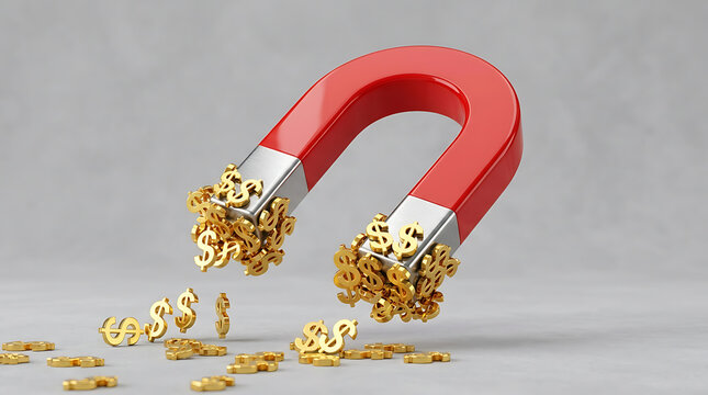 Red magnet attracting golden dollar symbols concept for business wealth growth