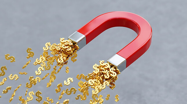 Red horseshoe magnet attracting golden dollar signs representing wealth and financial success